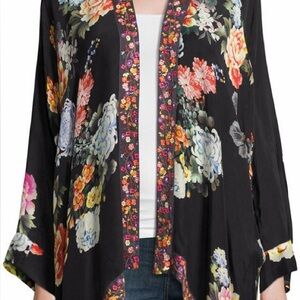 Johnny Was• Black Boho Floral Embroidered Lightweight Open Silky Kimono